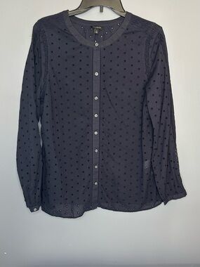 Talbots Eyelet Cotton Blouse M Navy Blue Crochet Button Up‎ Prairie Cottage Top